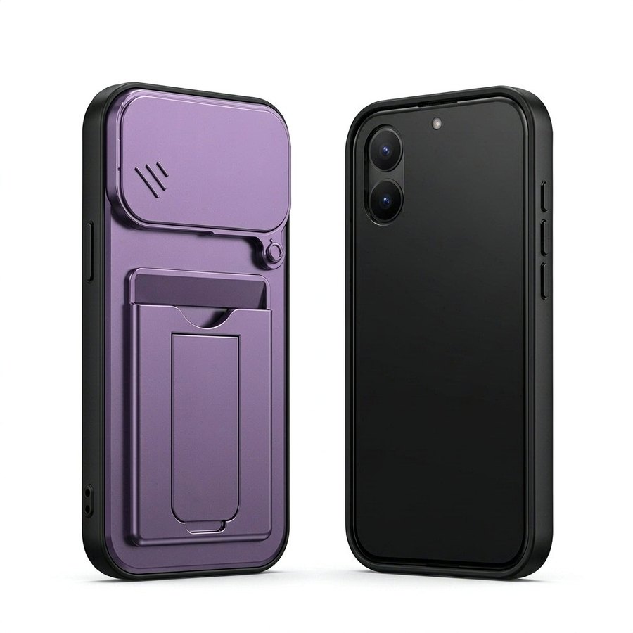 Card holder kickstand phone case in lilac with slide-in card slot and flip camera lens cover
